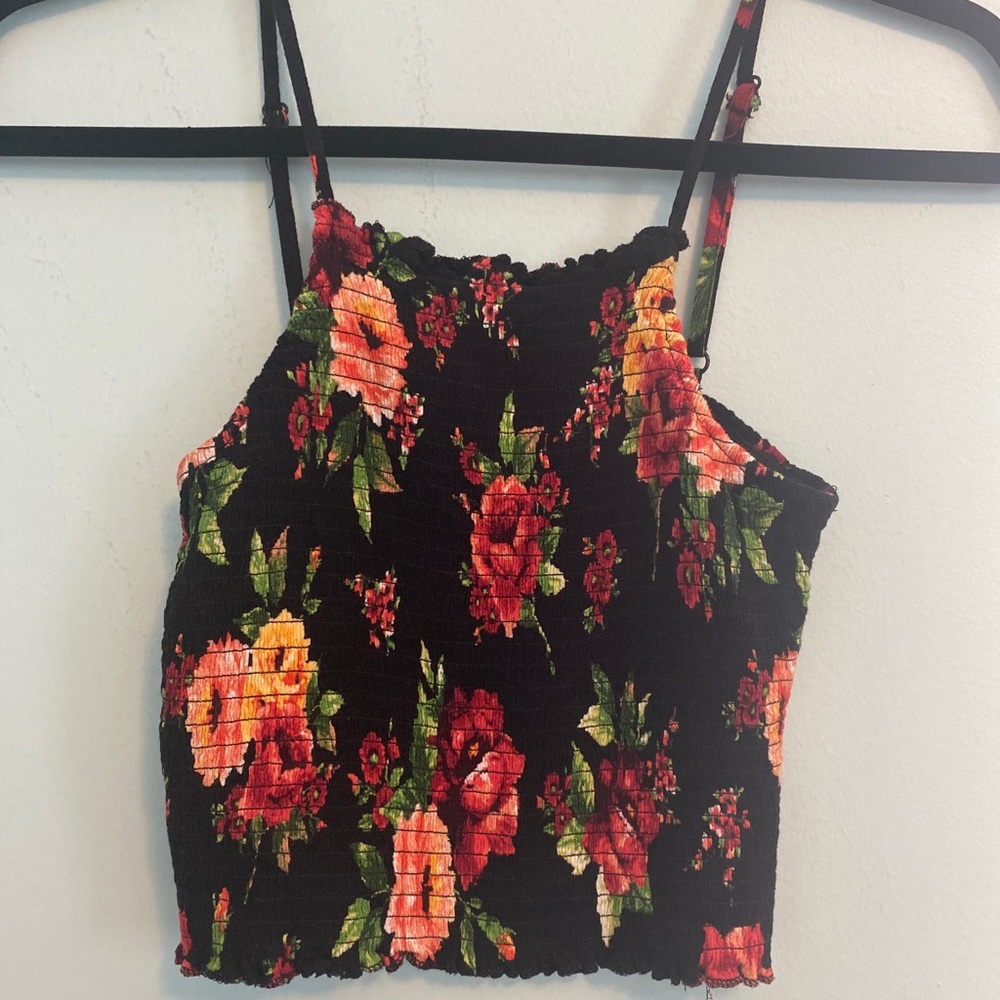 Cropped black halter floral top